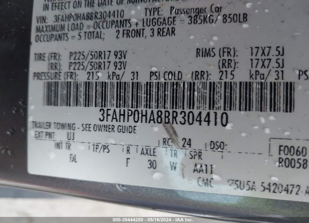 2011 FORD FUSION SE VIN: 3FAHP0HA8BR304410