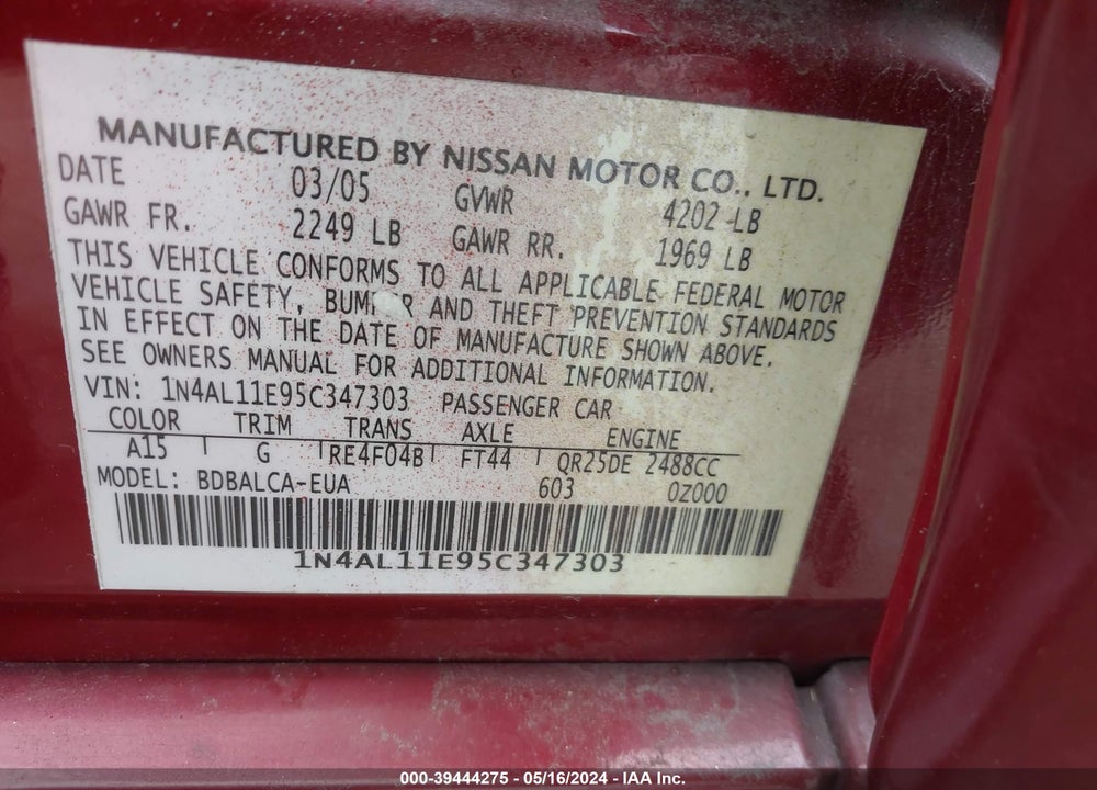 2005 NISSAN ALTIMA 2.5 S VIN: 1N4AL11E95C347303
