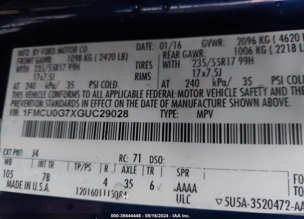 2016 FORD ESCAPE SE VIN: 1FMCU0G7XGUC29028
