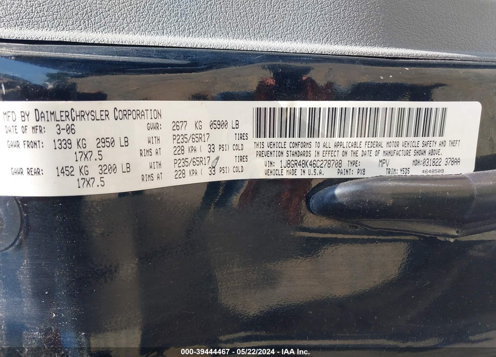 2006 JEEP GRAND CHEROKEE LAREDO VIN: 1J8GR48K46C278708