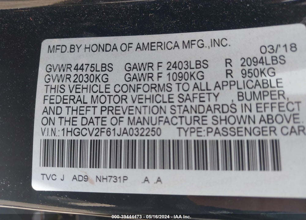 2018 HONDA ACCORD EX-L 2.0T VIN: 1HGCV2F61JA032250