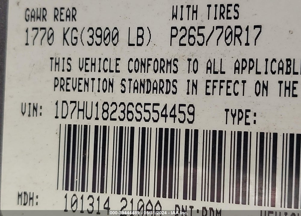 2006 DODGE RAM 1500 SLT/TRX4 OFF ROAD/SPORT VIN: 1D7HU18236S554459