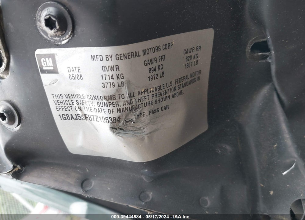 2007 SATURN ION 2 VIN: 1G8AJ55F87Z106384