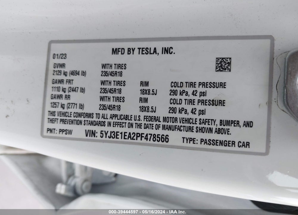 2023 TESLA MODEL 3 REAR-WHEEL DRIVE VIN: 5YJ3E1EA2PF478566