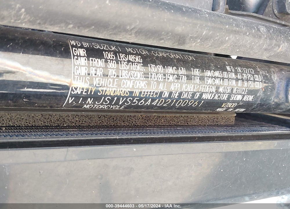 2013 SUZUKI VZ800 VIN: JS1VS56A4D2100961