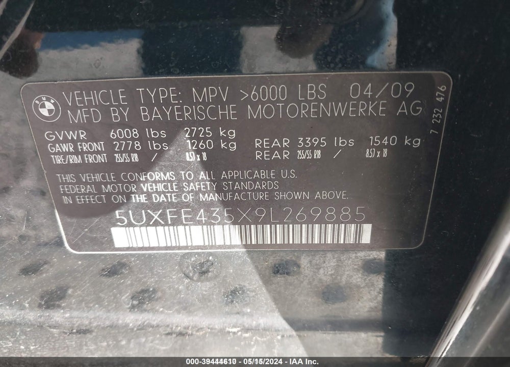 2009 BMW X5 VIN: 5UXFE435X9L269885
