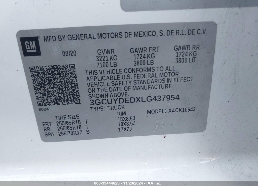 2020 CHEVROLET SILVERADO 1500 4WD SHORT BED LT VIN: 3GCUYDEDXLG437954