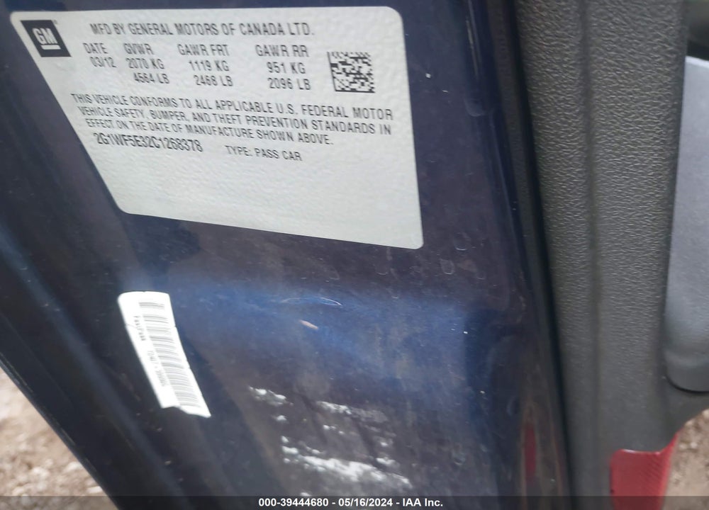 2012 CHEVROLET IMPALA LS VIN: 2G1WF5E32C1268378
