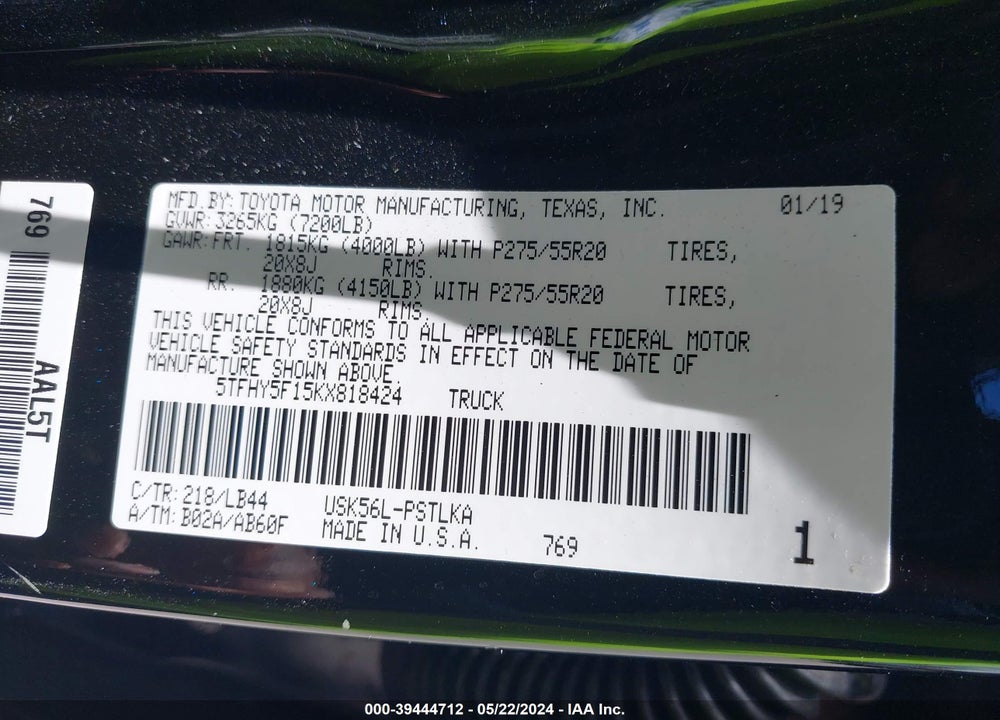 2019 TOYOTA TUNDRA LIMITED 5.7L V8 VIN: 5TFHY5F15KX818424