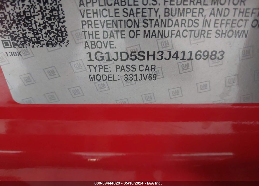 2018 CHEVROLET SONIC LT AUTO VIN: 1G1JD5SH3J4116983