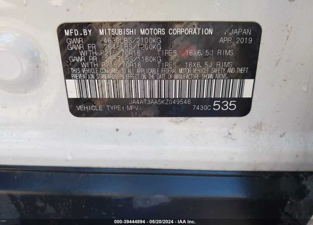 2019 MITSUBISHI ECLIPSE CROSS ES VIN: JA4AT3AA5KZ049546