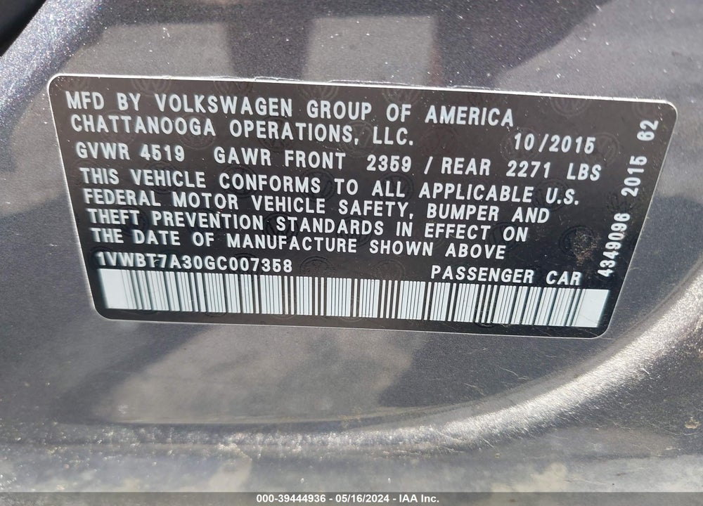 2016 VOLKSWAGEN PASSAT 1.8T SE VIN: 1VWBT7A30GC007358