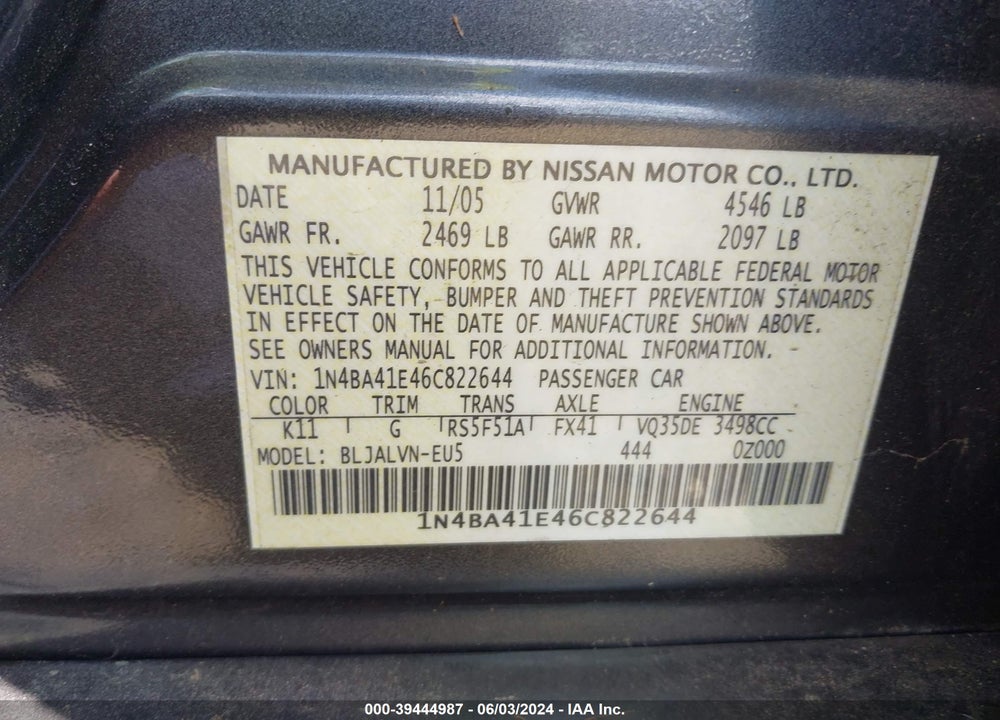 2006 NISSAN MAXIMA 3.5 SE VIN: 1N4BA41E46C822644