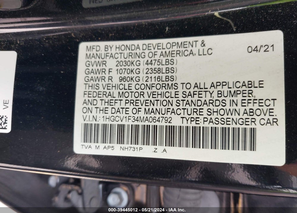 2021 HONDA ACCORD SPORT VIN: 1HGCV1F34MA064792