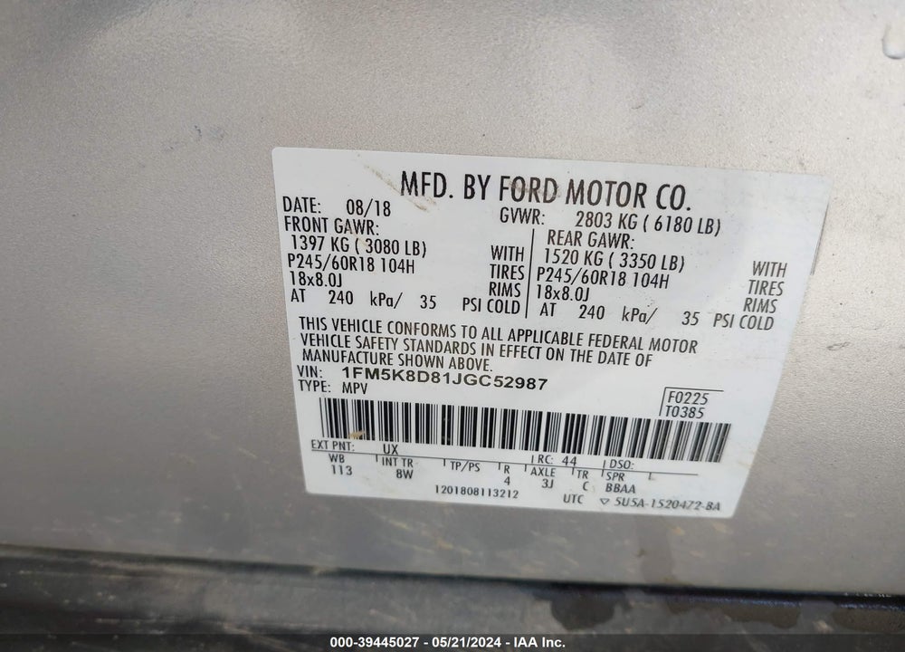 2018 FORD EXPLORER XLT VIN: 1FM5K8D81JGC52987