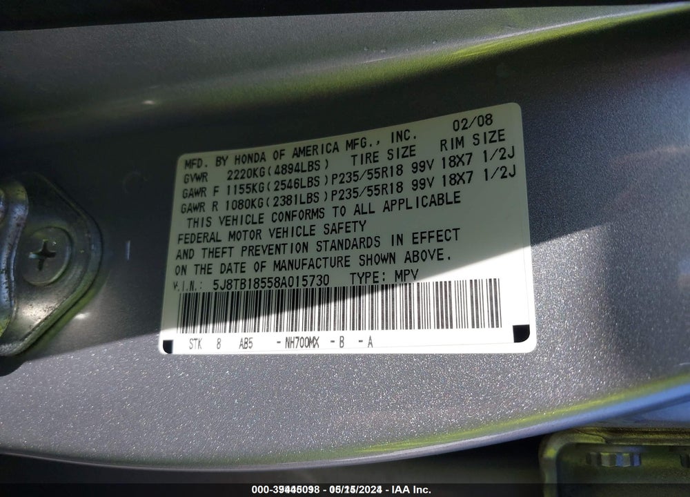2008 ACURA RDX VIN: 5J8TB18558A015730