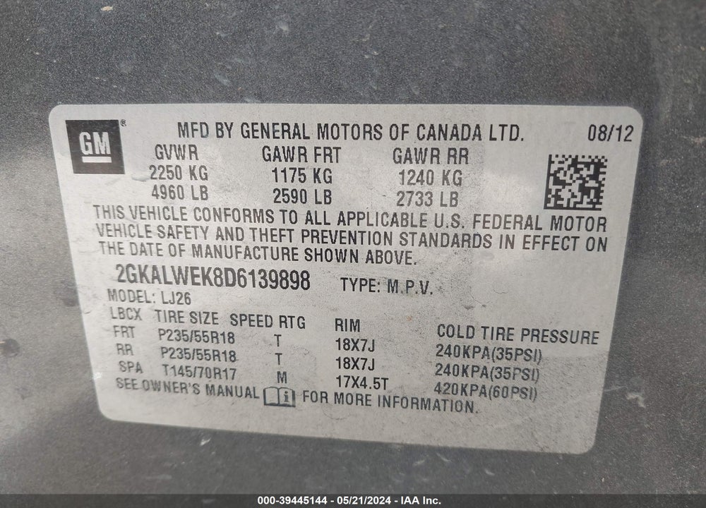 2013 GMC TERRAIN SLT-2 VIN: 2GKALWEK8D6139898