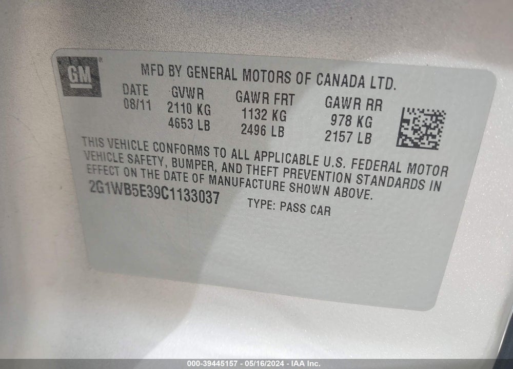 2012 CHEVROLET IMPALA LT VIN: 2G1WB5E39C1133037