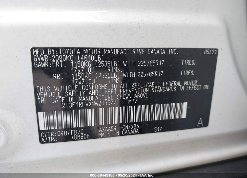 2021 TOYOTA RAV4 LE VIN: 2T3F1RFVXMW203977