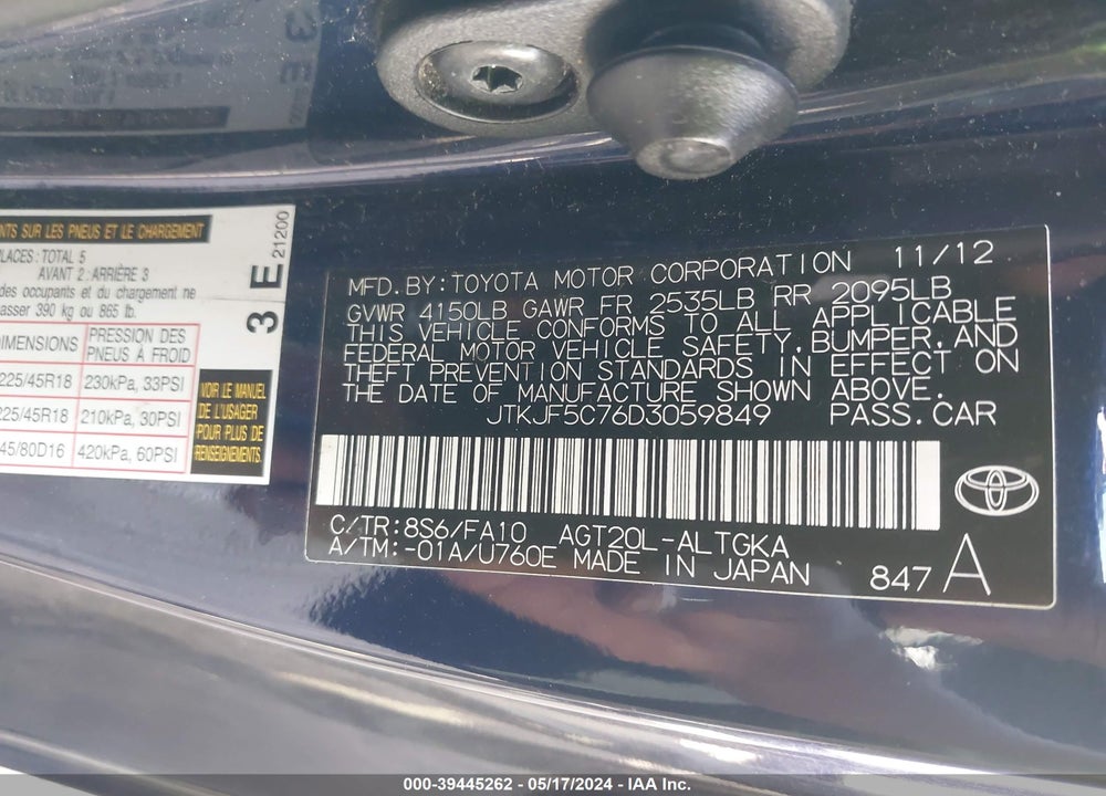 2013 SCION TC VIN: JTKJF5C76D3059849