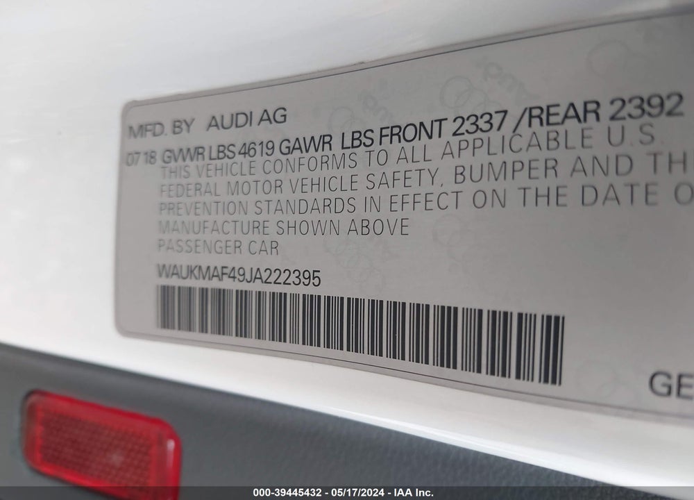 2018 AUDI A4 2.0T TECH ULTRA PREMIUM/2.0T ULTRA PREMIUM VIN: WAUKMAF49JA222395