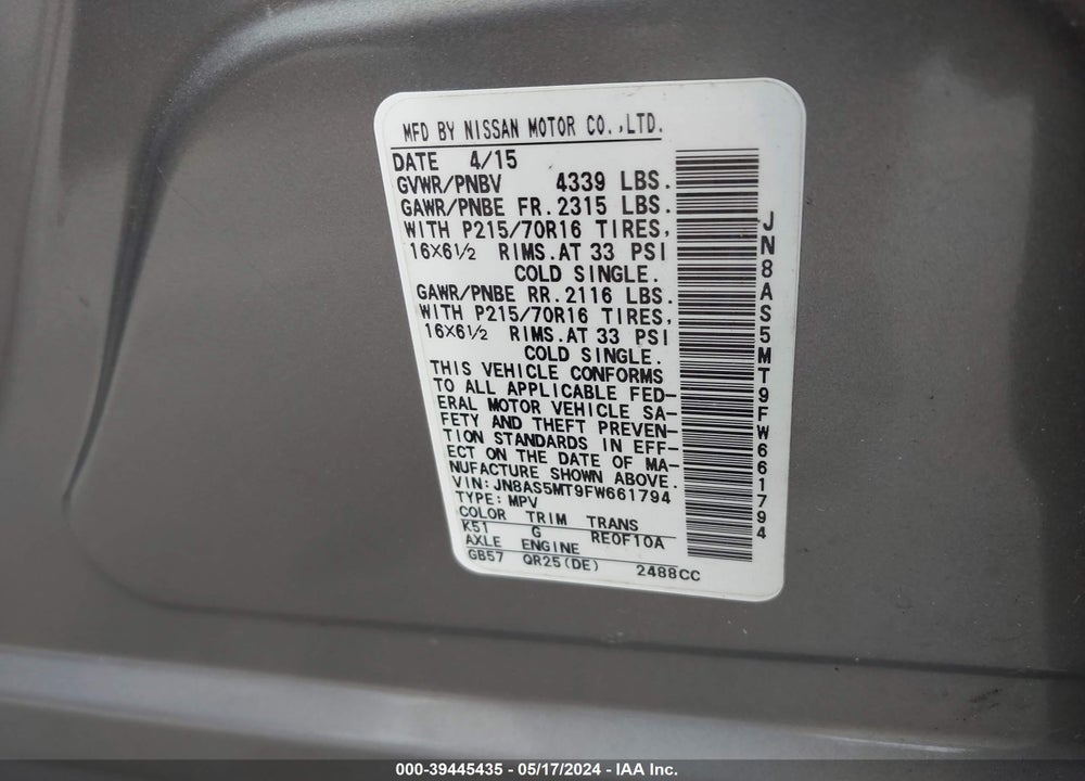2015 NISSAN ROGUE SELECT S VIN: JN8AS5MT9FW661794