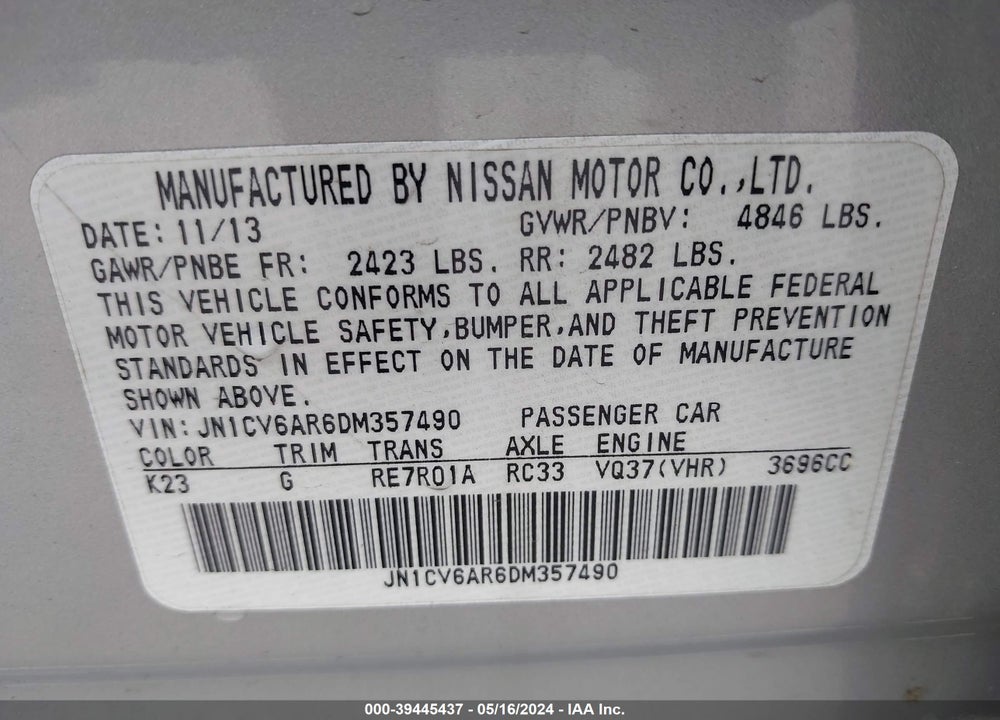 2013 INFINITI G37X VIN: JN1CV6AR6DM357490