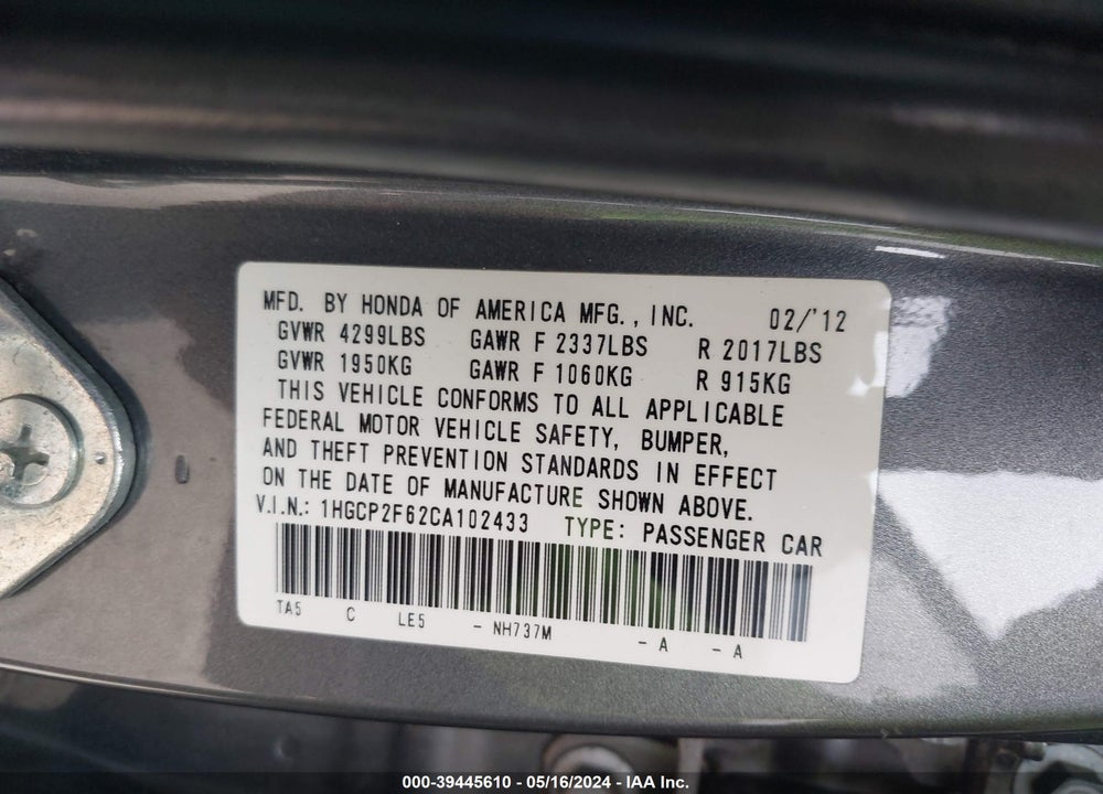 2012 HONDA ACCORD 2.4 SE VIN: 1HGCP2F62CA102433