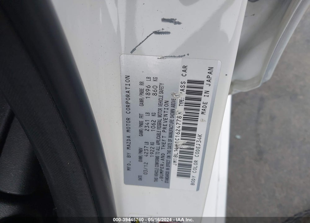 2012 MAZDA SPEED3 TOURING VIN: JM1BL1L41C1624778