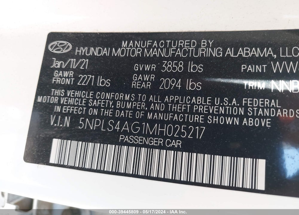 2021 HYUNDAI ELANTRA SEL VIN: 5NPLS4AG1MH025217