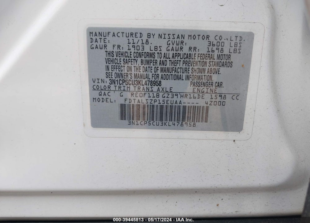 2019 NISSAN KICKS VIN: 3N1CP5CU3KL478958