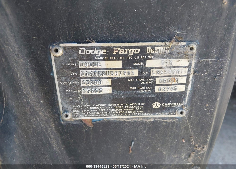 1972 DODGE PICKUP VIN: D14AE2U-507,905