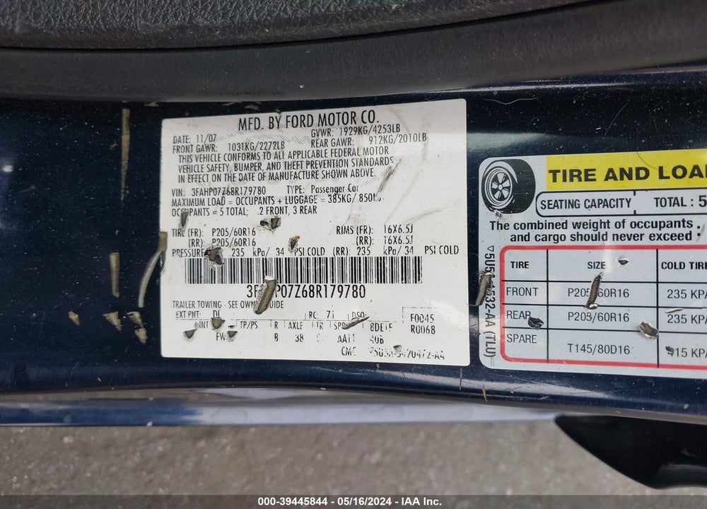 2008 FORD FUSION SE VIN: 3FAHP07Z68R179780