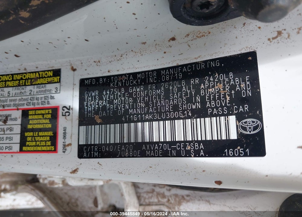 2020 TOYOTA CAMRY VIN: 4T1G11AK3LU300514