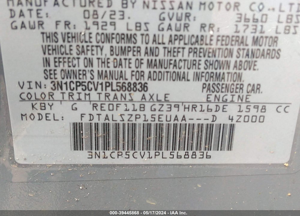 2023 NISSAN KICKS SV XTRONIC CVT VIN: 3N1CP5CV1PL568836
