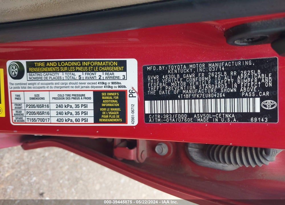2014 TOYOTA CAMRY LE VIN: 4T1BF1FK7EU804264