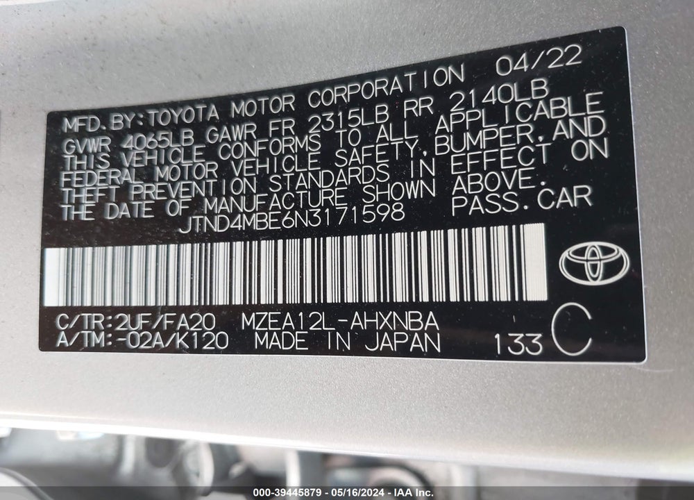 2022 TOYOTA COROLLA SE VIN: JTND4MBE6N3171598