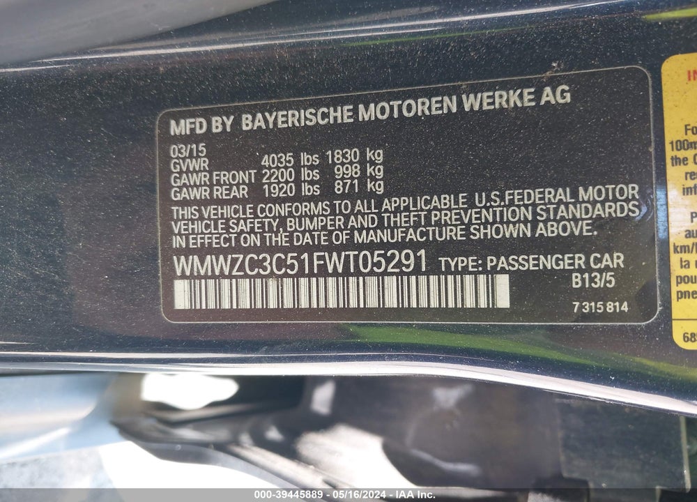 2015 MINI COUNTRYMAN COOPER S VIN: WMWZC3C51FWT05291