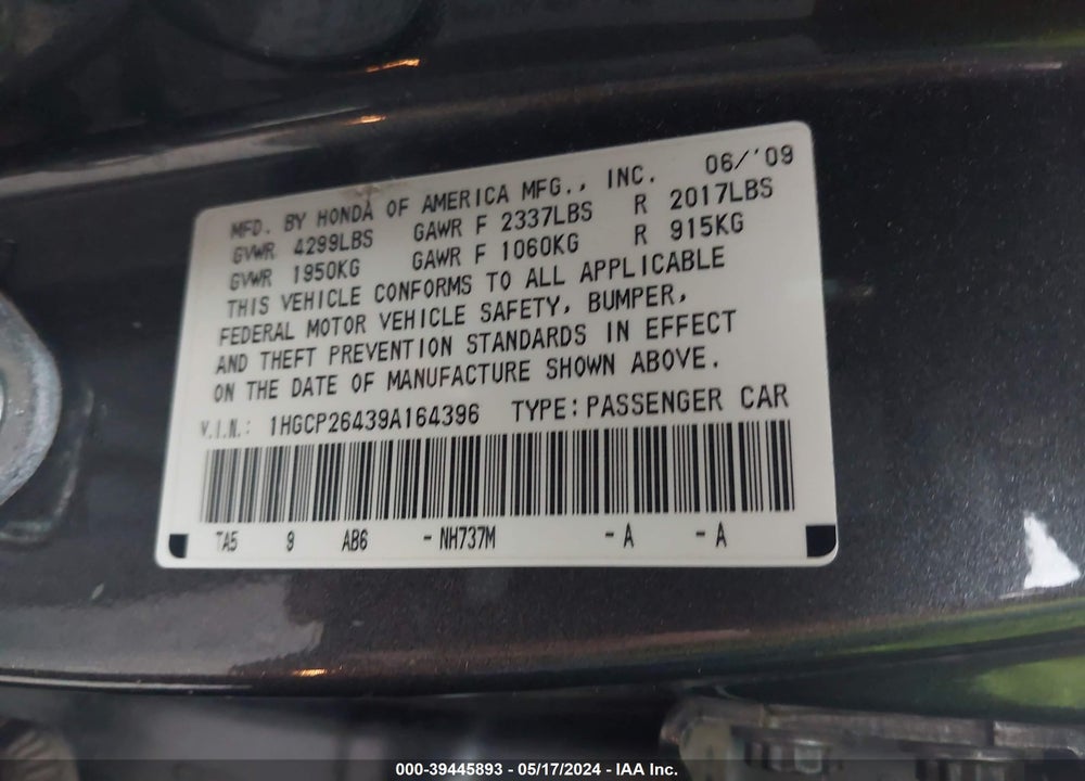 2009 HONDA ACCORD 2.4 LX-P VIN: 1HGCP26439A164396