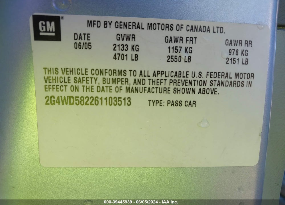 2006 BUICK LACROSSE CXL VIN: 2G4WD582261103513