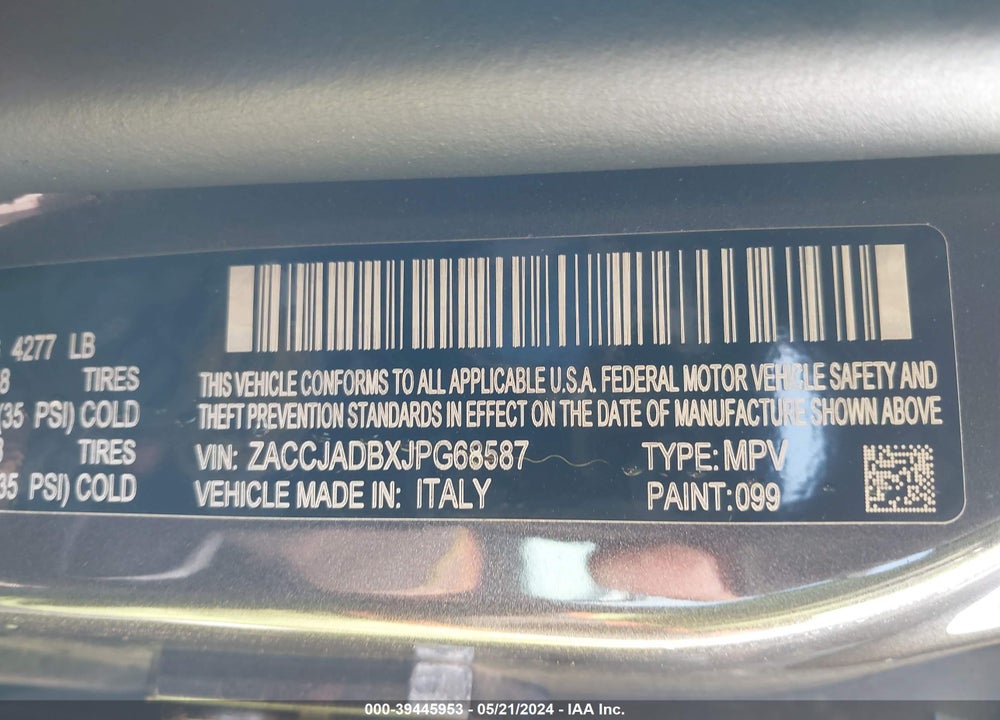 2018 JEEP RENEGADE VIN: ZACCJADBXJPG68587