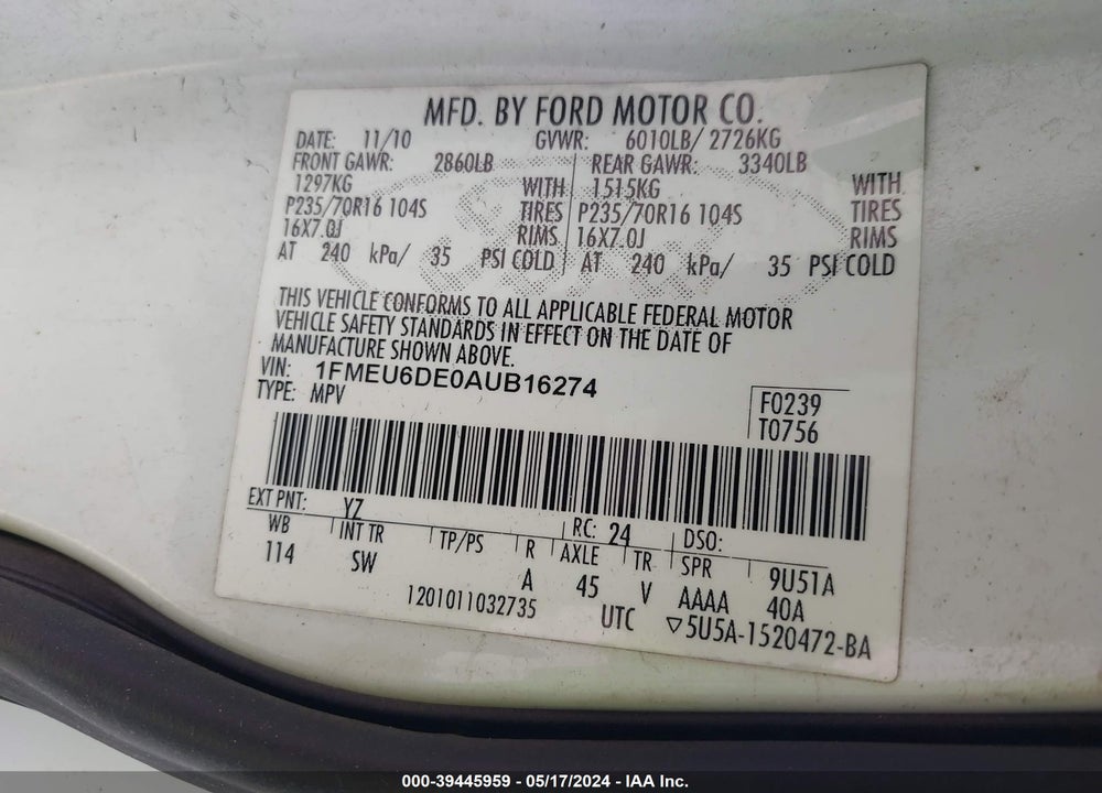 2010 FORD EXPLORER XLT VIN: 1FMEU6DE0AUB16274