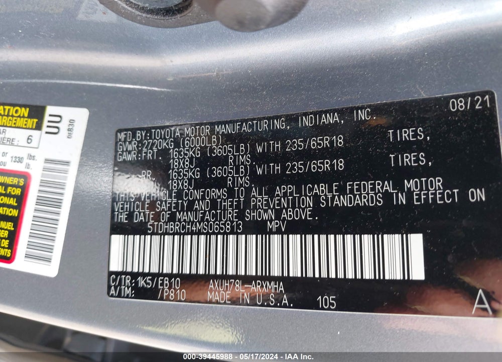 2021 TOYOTA HIGHLANDER HYBRID XLE VIN: 5TDHBRCH4MS065813