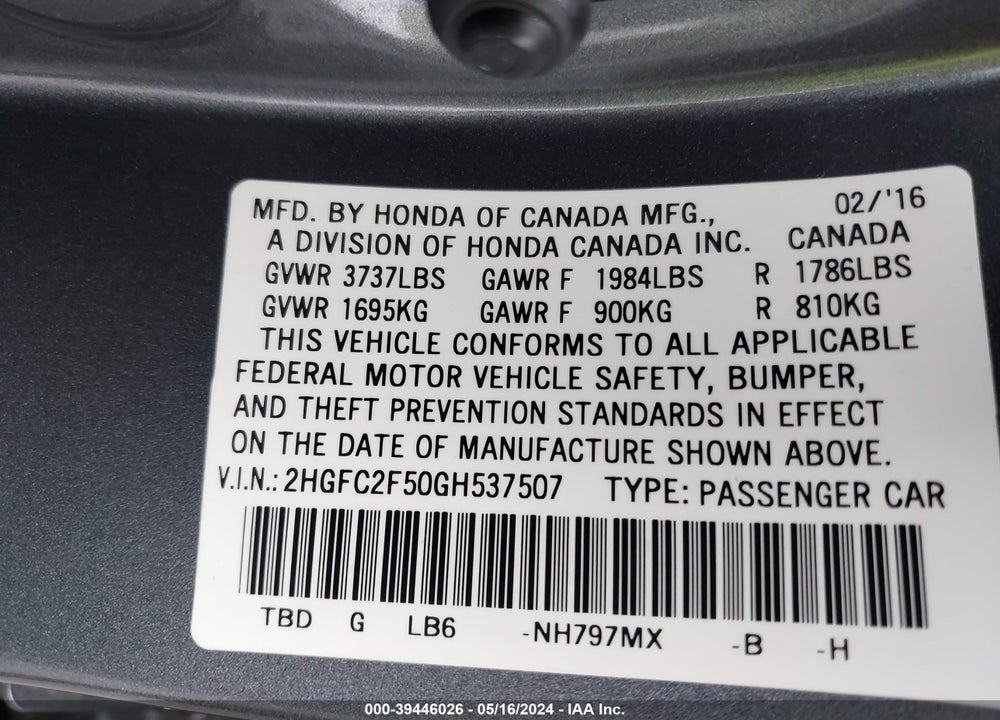 2016 HONDA CIVIC LX VIN: 2HGFC2F50GH537507