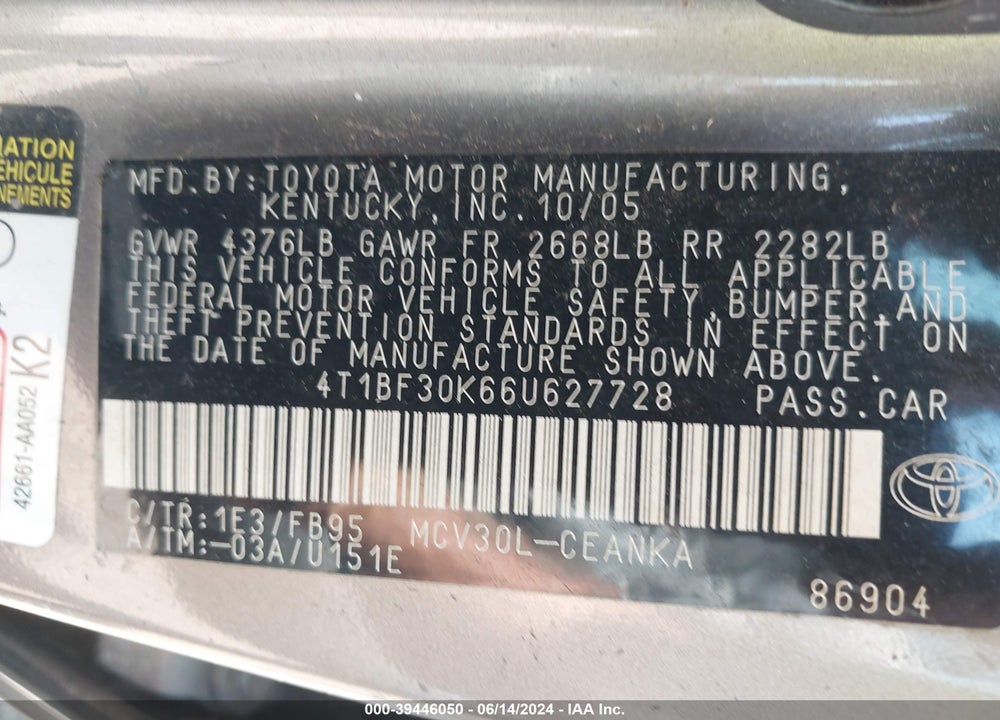 2006 TOYOTA CAMRY LE V6 VIN: 4T1BF30K66U627728