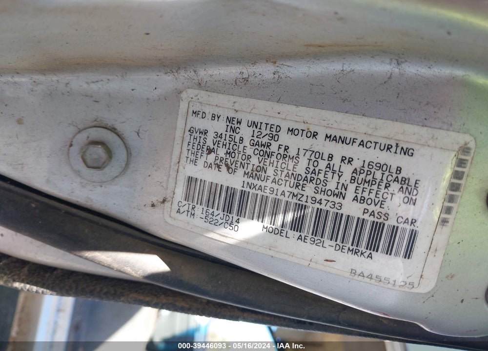 1991 TOYOTA COROLLA VIN: 1NXAE91A7MZ194733