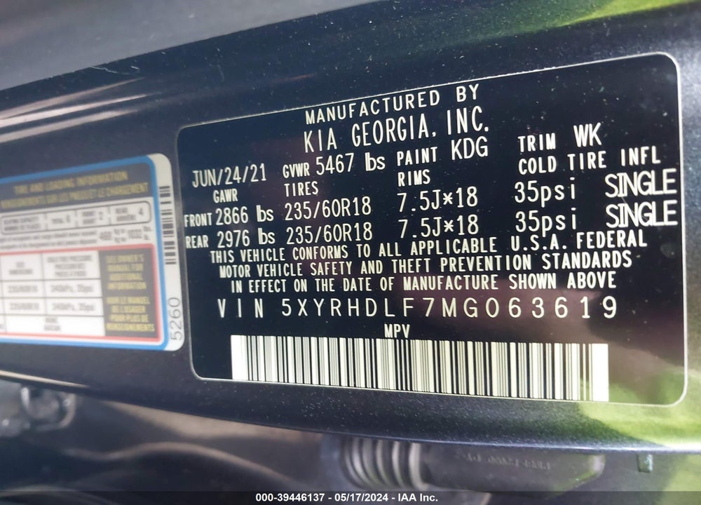 2021 KIA SORENTO EX VIN: 5XYRHDLF7MG063619
