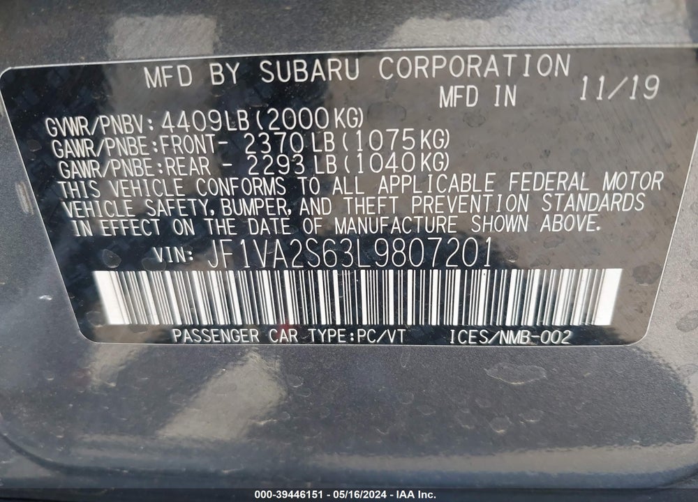 2020 SUBARU WRX STI VIN: JF1VA2S63L9807201