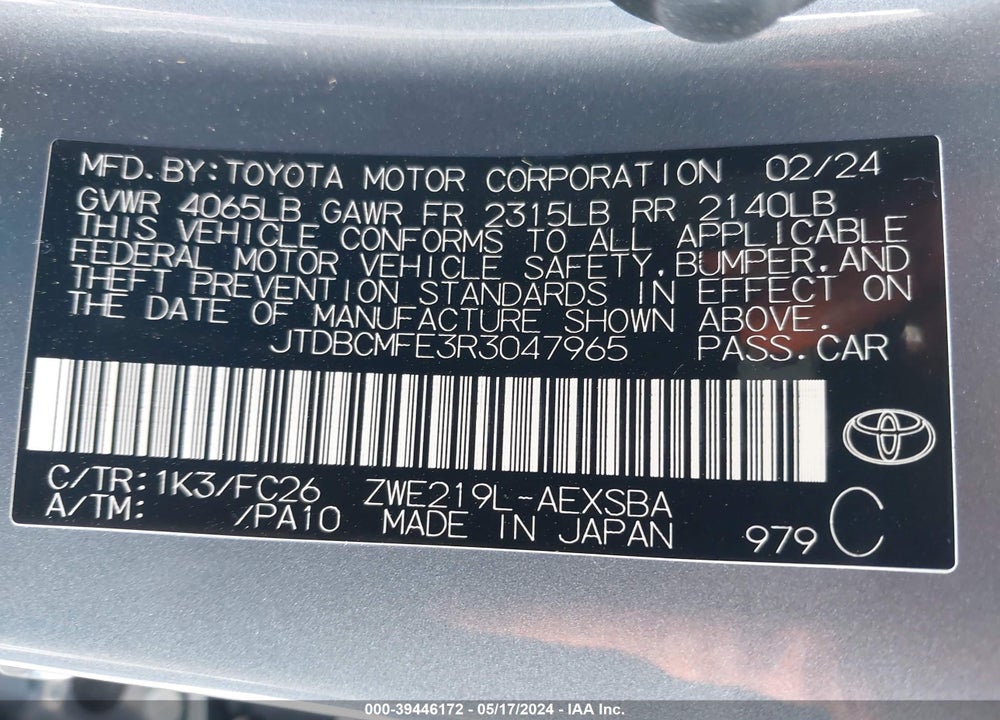 2024 TOYOTA COROLLA HYBRID SE VIN: JTDBCMFE3R3047965