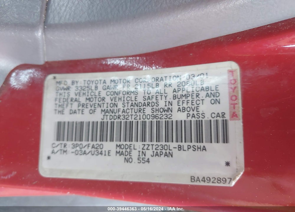 2001 TOYOTA CELICA GT VIN: JTDDR32T210096232